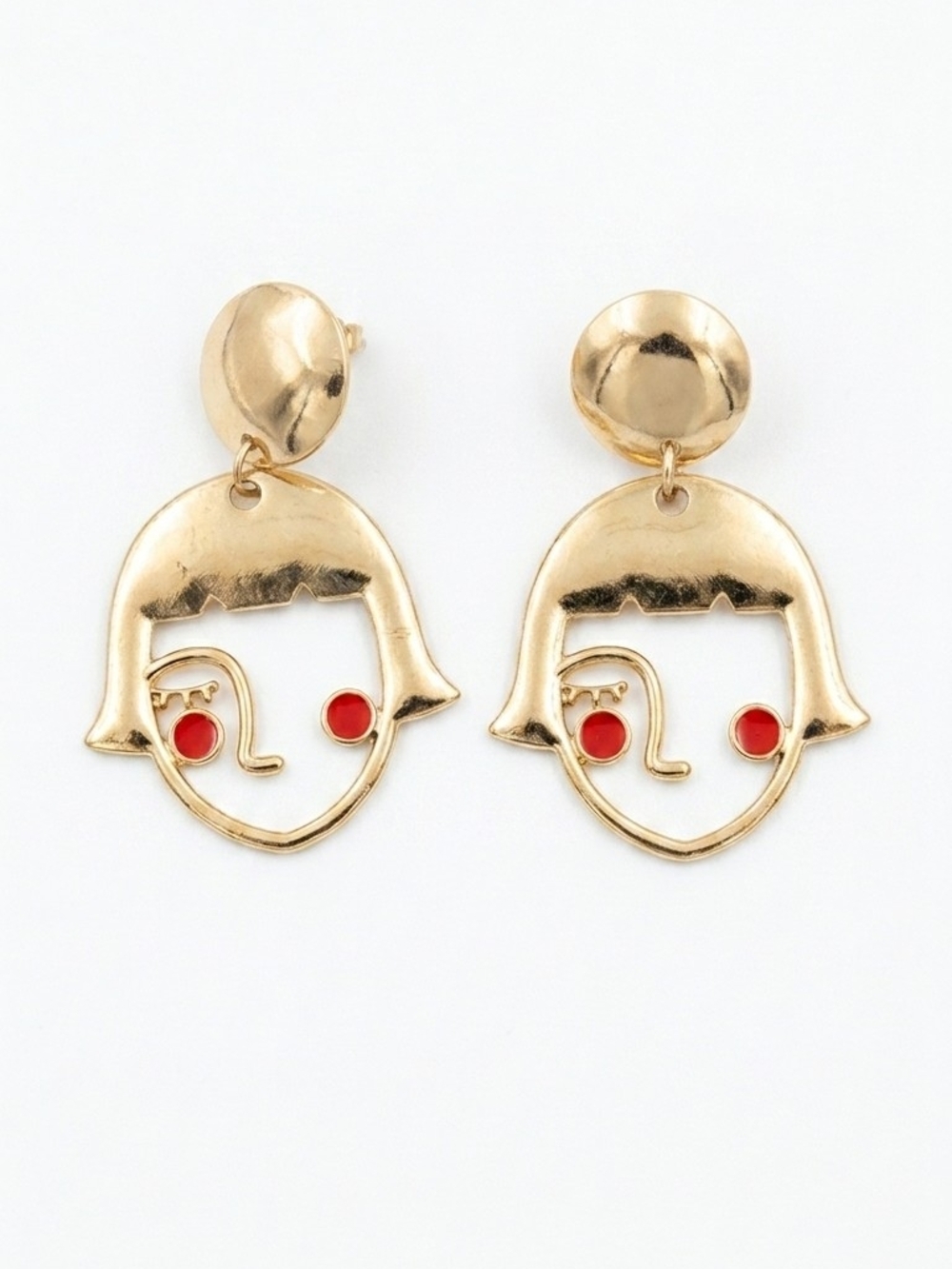 Vintage Abstract Face Dangle Earrings Gold Tone Red Enamel Picasso Line Art